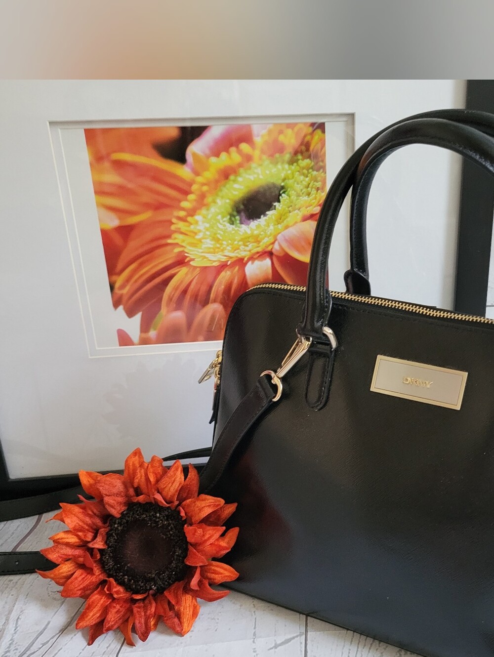 DKNY Black Textured Leather Paige Satchel Crossbody Bag